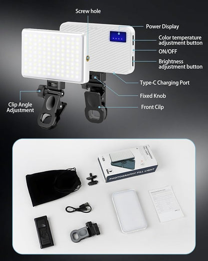 168 LED Portable Selfie Light Video Conference Light with Front & Back Clip, Rechargeable 3 Light Modes for Phone, iPhone, Android, iPad, Camera, Laptop, Makeup, Tiktok, Vlog(White)