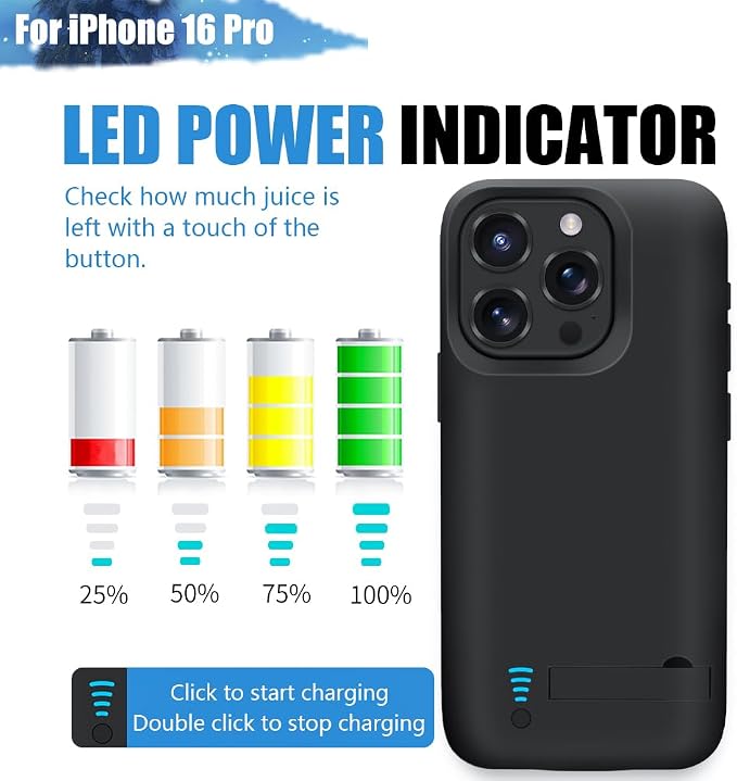 Sitong Battery Case for iPhone 16 Pro, 5000mAh Rechargeable Extended Battery Charging/Charger Case, Add 100% Extra Juice (6.3 Inches) Black