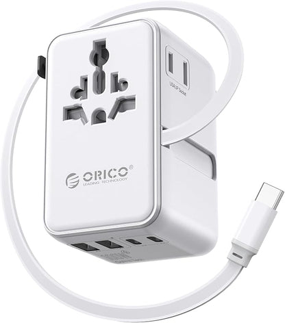 ORICO Universal Travel Adapter 100W GaN International Power Adapter | 7 in 1 (2 AC, 3 USB-C, 2 USB-A) European Travel Plug Adapter, Built-in Retractable USB-C Cable for Eu UK AU 200+ Countries