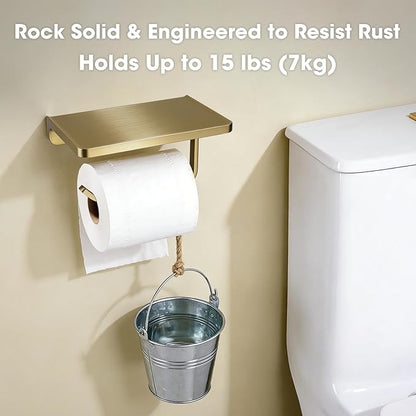 TRUSTMI Toilet Paper Holder with Phone Shelf, Bathroom Accessories Tissue Roll Dispenser Storage Wall Mounted, Brushed Gold