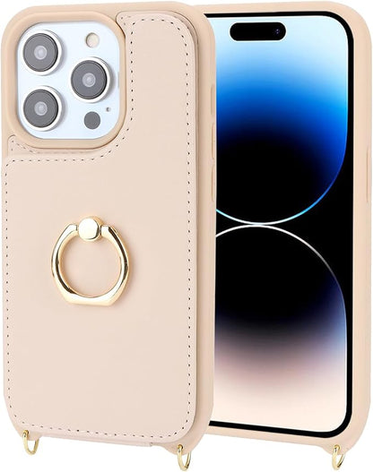 Lipvina for iPhone 13 Case with Card Holder for Women,Crossbody Strap Lanyard,Credit Card Holder,Ring Stand,Snap Clasp,Wallet Case 6.1 inch (Beige)
