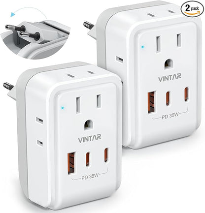 2 Pack European Travel Plug Adapter, VINTAR PD 35W Foldable Europe Power Adapter with 4 AC Outlets 3 USB Ports(2 USB C), Type C Adaptor for US to Most of Europe EU Italy Spain France Germany
