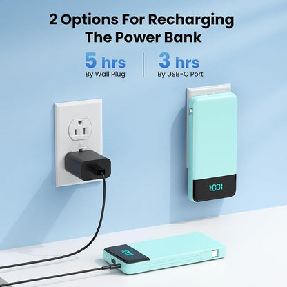 Portable Charger for iPhone,13800mAh Slim Power Bank with Built-in Cables & AC Wall Plug,All in One 4 Outputs USB C Fast Charging Battery Pack Travel Essential for iPhone 17/16/15/14,Android (Green)