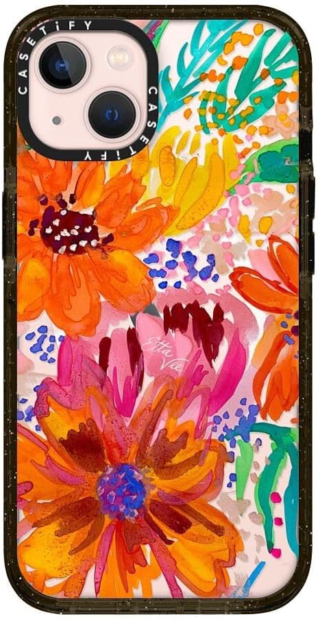 CASETiFY Impact iPhone 13 Case [4X Military Grade Drop Tested / 8.2ft Drop Protection/Compatible with Magsafe] - EttaVee Watercolor Fleurs - Clear Black