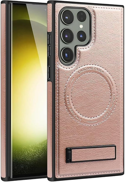 Case for Samsung Galaxy S25 Ultra/S25 Plus/S25,Magnetic Wireless Charging Phone Case with Fold Kickstand Slim Leather Cover (Pink,S25PLUS)