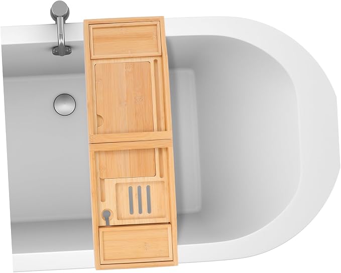 Mobestech Multi-Function Adjustable Bath Tray with Phone Holder and Sturdy Organizer for Bathtub Storage and Relaxation