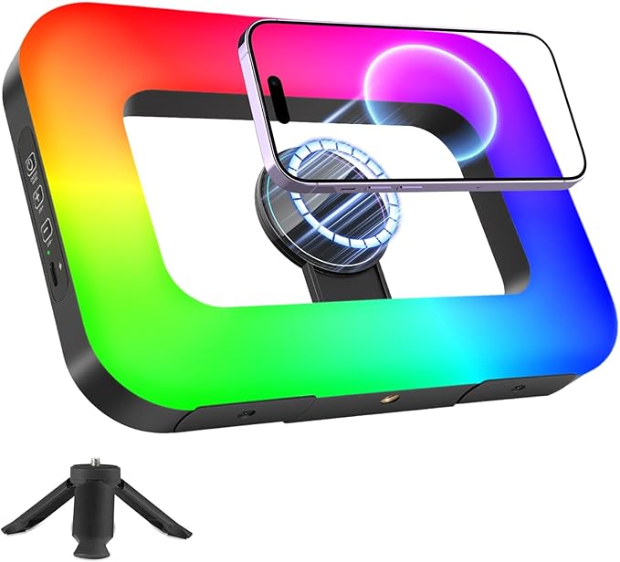 Magnetic RGB Selfie Ring Light for iPhone and Android (with Mini Tripod), Double-Sided Magnet Handheld Stabilizer LED Ring Light, Built-in Battery for YouTube, TikTok, Vlogging, Makeup