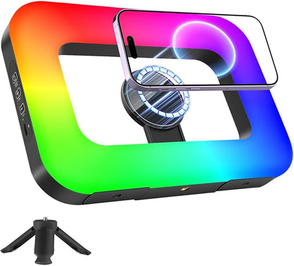 Magnetic RGB Selfie Ring Light for iPhone and Android (with Mini Tripod), Double-Sided Magnet Handheld Stabilizer LED Ring Light, Built-in Battery for YouTube, TikTok, Vlogging, Makeup