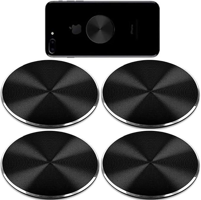 Metal Plates Replacement Set 4 Pack for Magnetic Car Mount. Kit of 4 Black Round Discs Without Holes for Case Back, Phone Magnets. Strong 3M Adhesive Backing Circular Cell Phone Holder Stickers.