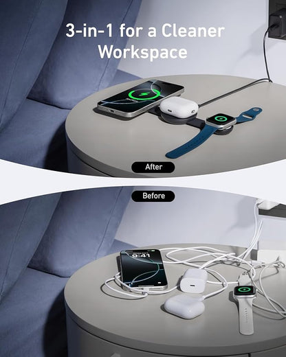 Anker MagSafe Compatible MagGo UFO 3-in-1 Charger, iPhone 17 Wireless Charging Station, 15W Qi2 Certified, Foldable Travel Charging Pad (Black Stone, with Travel Case & Adapter)