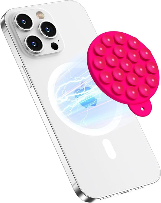 Magnetic Suction Cup Phone Mount, Compatible with MagSafe, Silicone Octo Cup Buddy Sticky Grip Holder for iPhone and Android, Removable Hands-Free Phone Stand Selfie/Video for TikTok, Neon Pink
