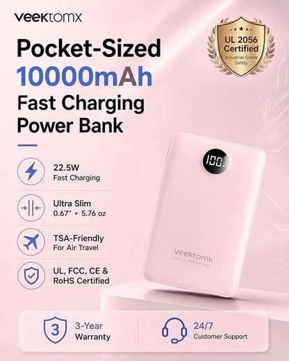 Portable Charger 10000mAh, Ultra Slim Power Bank Fast Charging with Attached USB C Cable, Travel Essential Phone Power Bank Battery Pack for iPhone 17/16/15/14 Samsung S25 Google etc, Pink