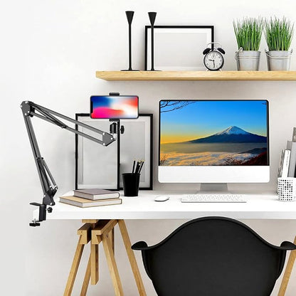 Overhead Tripod Mount for Camera Webcam Ring Light, Over Head Articulating Arm with Phone Holder and Ball Head, Desktop Suspension Scissor Accessory for Live Streaming,Video Recording