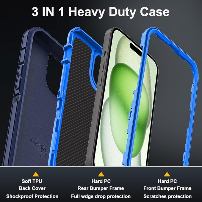 for iPhone 15 Plus Case with 2Pcs Tempered Glass Screen Protector and 1Pcs Camera Lens Protector, Military Grade 3 in 1 Heavy Duty Shockproof/Drop Proof/Dust Proof Case (Navy Blue)