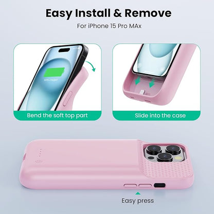 Battery Case for iPhone 15 Pro Max,Powerful 8600mah Ultra-Slim Protective Charging Case,15W Fast Charging Portable Rechargeable Expandable Battery Charger Cover for iPhone 15 Pro Max(6.7inch)-Pink