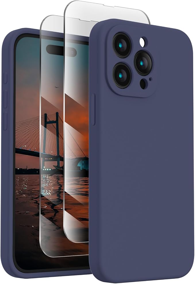 FireNova Designed for iPhone 15 Pro Case, Silicone Upgraded [Camera Protection] Phone Case with [2 Screen Protectors], Soft Anti-Scratch Microfiber Lining Inside, 6.1 inch, Navy Blue
