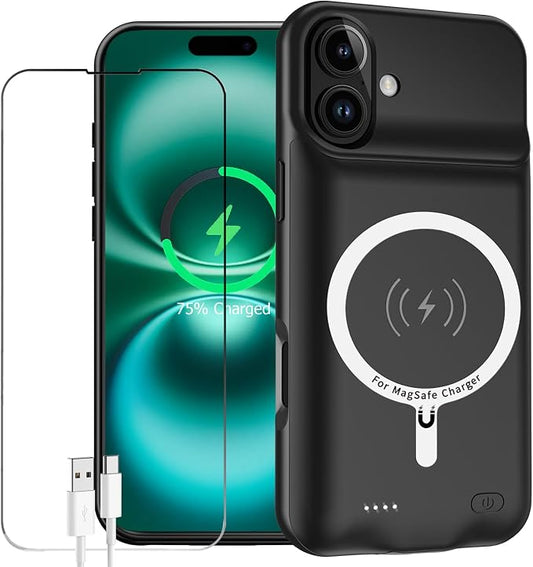 Battery Case for iPhone 16, Enhanced 10000mAh Portable Protective Wireless Charging Case Support Carplay Compatible with iPhone 16 (6.1 inch) Rechargeable Extended Battery Charger (Black)