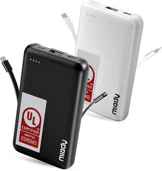 Miady UL Listed 2-Pack Small Portable Charger 5000mAh Power Bank for Travel | 18.5Wh丨Built-in 2 Cables丨3 Outputs 2 Inputs丨Compatible with iPhone Android etc丨Flight-Safe丨for Backpack Campingl丨Black+White