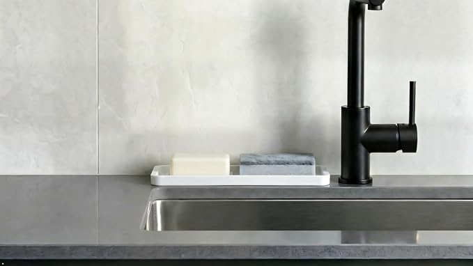 Happitasa Silicone Kitchen Sink Organizer Tray, Sponge Holder and Countertop Protector | Bathroom and Kitchen Soap Dish and Dispenser Tray (Vanilla Cream, 12"x4", 9.2 Ounces)