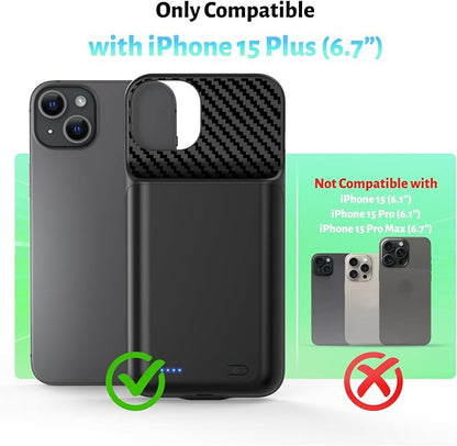 Battery Case for iPhone 15 Plus(6.7 inch) 13800mAh High Capacity Charging Case [2026 Upgraded] Portable Rechargeable Extended Charger Case with Tempered Glass Screen Protector Black