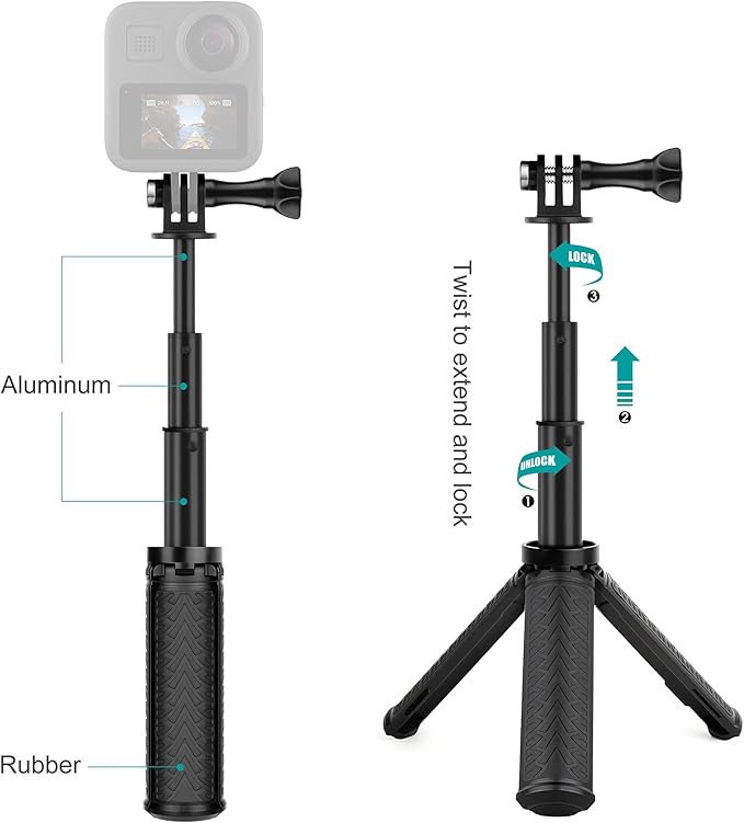 GEPULY Mini Hand Grip Selfie Stick Tripod Stand for GoPro Hero 13 12 11 10 9 8 7 6 5 4 3,Session, Fusion, Max,Insta360, DJI, Akaso, Phone-Use it as a Selfie Stick Monopod, Handle, Travel Tripod