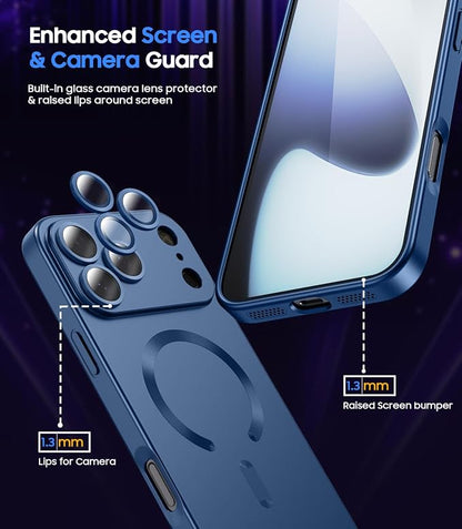 Magnetic for iPhone 17 Pro Case [Compatible with MagSafe][Built-in Camera Lens Protector] Slim Thin Soft Silicone Bumper Shockproof Metallic Luster Phone Case (Blue)