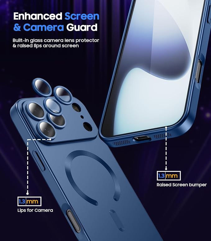 Magnetic for iPhone 17 Pro Max Case, Compatible with MagSafe, Built-in Camera Lens Protector, Slim Thin Soft Silicone Bumper Shockproof Metallic Luster Phone Case, Blue