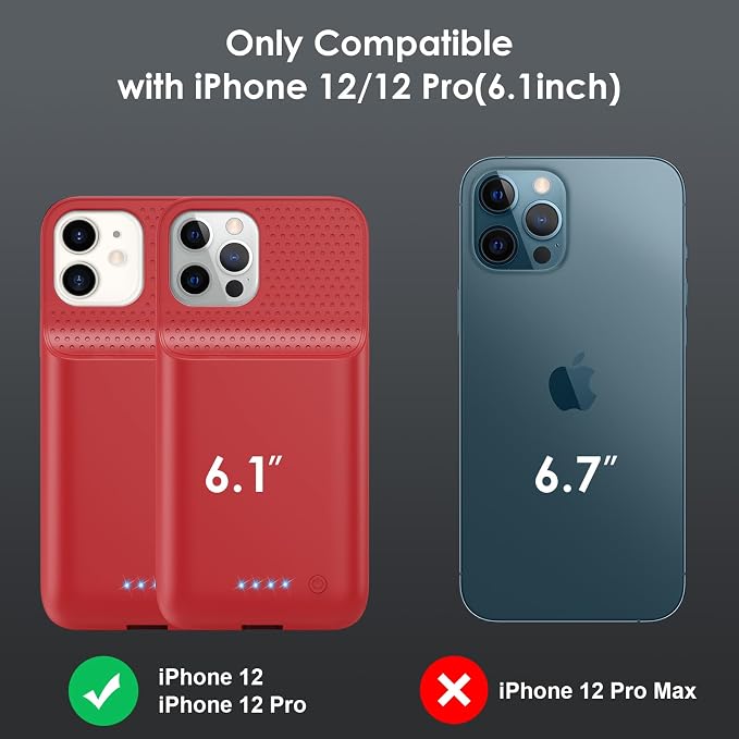 Battery Case for iPhone 12/12 Pro,[2025 Upgraded] 10800mAh Ultra-Slim Portable Extended Charger Case Cover for iPhone 12/12 Pro Charging Case (6.1 Inch)-Red