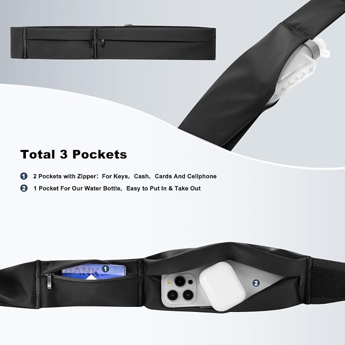 Ultimate Running Belt for Women and Men, Water Proof Running Belts Fanny Pack with Water Bottle, Slim Running Bag Belts with Phone Bottle Holder Adjustable Fit for Runner (M,Pure Black,No logos)