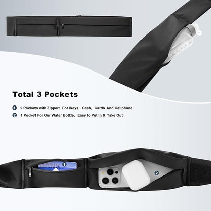 Ultimate Running Belt for Women and Men, Water Proof Running Belts Fanny Pack with Water Bottle, Slim Running Bag Belts with Phone Bottle Holder Adjustable Fit for Runner (M,Pure Black,No logos)