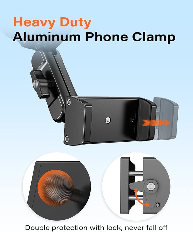 A2C Heavy Duty Suction Cup Phone Mount with Aluminum Alloy Arm & Clamp, 66LBS Vacuum Suction Phone Mount for Windshield Dashboard, Universal Car Phone Holder for All Phones Fit Jeep Wrangler, F150