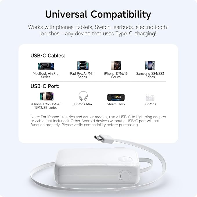 HOU 3 in 1 Portable Power Bank 10000mAh, 35W PD Fast Charging, Retractable USB-C Cable, Foldable Wall Plug, Dual Device Charging, FCC&UL Certified, Compatible with iPhone 17 Pro Max, Samsung, iPad