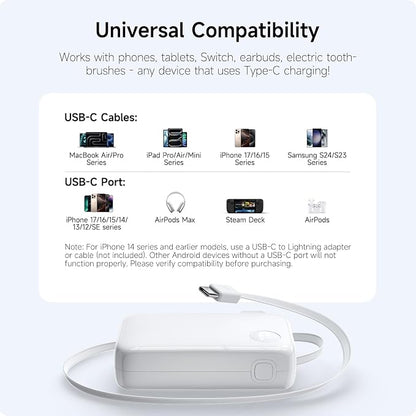HOU 3 in 1 Portable Power Bank 10000mAh, 35W PD Fast Charging, Retractable USB-C Cable, Foldable Wall Plug, Dual Device Charging, FCC&UL Certified, Compatible with iPhone 17 Pro Max, Samsung, iPad