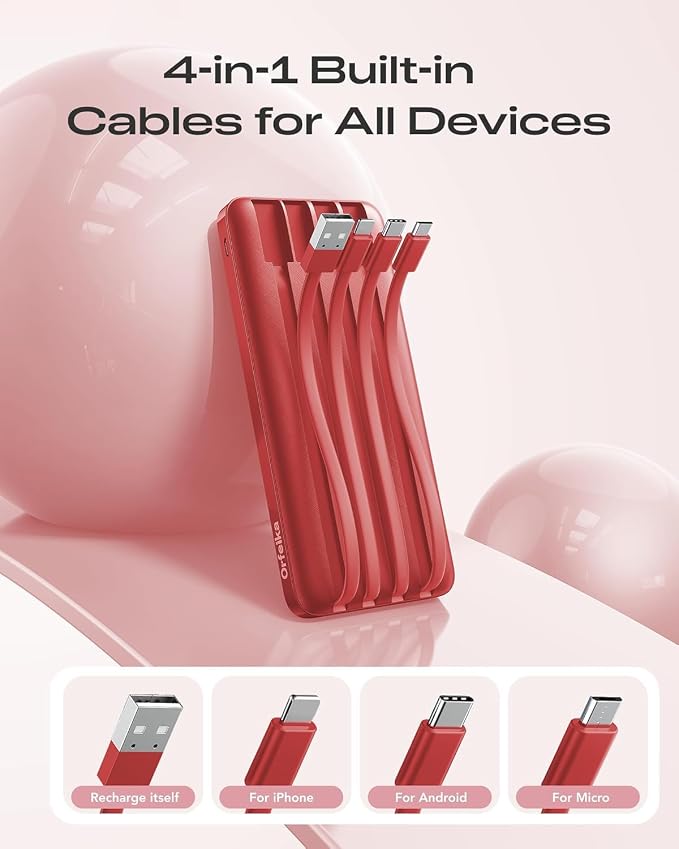 Orfeika 20000mAh Power Bank Fast Charging, Portable Charger with 4 Built-in Cables & 6 Outputs, 20W PD USB C Battery Pack Compatible with iPhone 16/15, Galaxy, Android, iPad & More (Travel Essential)