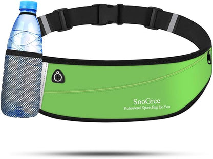SooGree Slim Running Belt Fanny Packs for Women Men,Water Bottle Holder Hydration Fanny Pouch,Waterproof Sport Waist Pack with Reflective Strip,Runner Belt Bag for Running Cycling Camping Gym (Green)