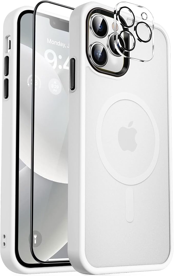 MOCCA Strong Magnetic for iPhone 12 Pro Max Case,[Compatible with Magsafe][Glass Screen Protector+Camera Lens Protector] Slim Thin Shockproof Cover Phone Case for iPhone 12 Pro Max 6.7", Frosted White
