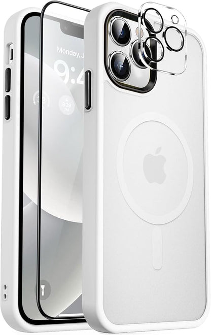 MOCCA Strong Magnetic for iPhone 12 Pro Max Case,[Compatible with Magsafe][Glass Screen Protector+Camera Lens Protector] Slim Thin Shockproof Cover Phone Case for iPhone 12 Pro Max 6.7", Frosted White