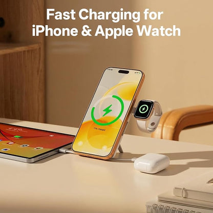 Q Magnetic Wireless Portable Charger 10,000mAh, Travel Essentials Power Bank with Built-in Cables & Foldable Stand, External Battery Pack Compatible with iPhone 17/16/15/14/13/12, Apple Watch