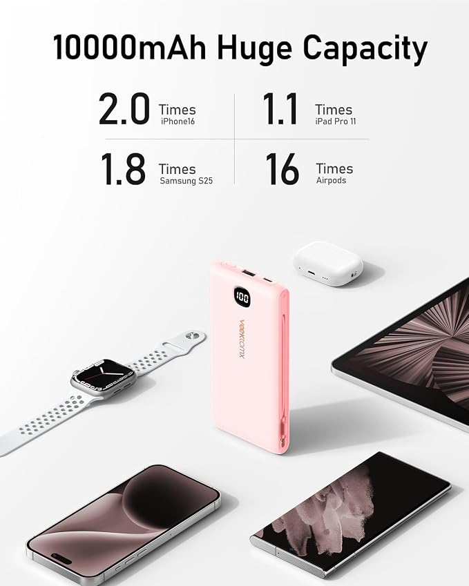 VEEKTOMX Portable Charger with Built in Cables 10000mAh, Power Bank for iPhone with Wall Plug, Travel Essential Fast Charging USB C Slim External Battery Pack for iPhone 17/16/15, Samsung, iPad,etc