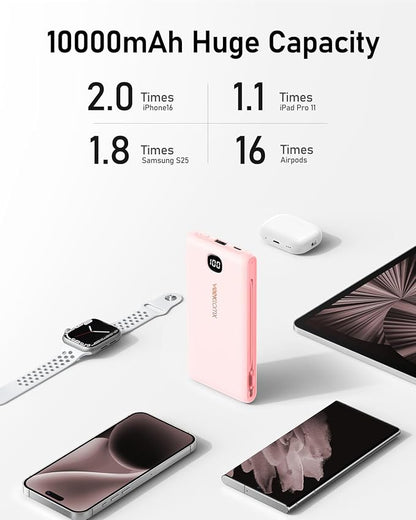 VEEKTOMX Portable Charger with Built in Cables 10000mAh, Power Bank for iPhone with Wall Plug, Travel Essential Fast Charging USB C Slim External Battery Pack for iPhone 17/16/15, Samsung, iPad,etc
