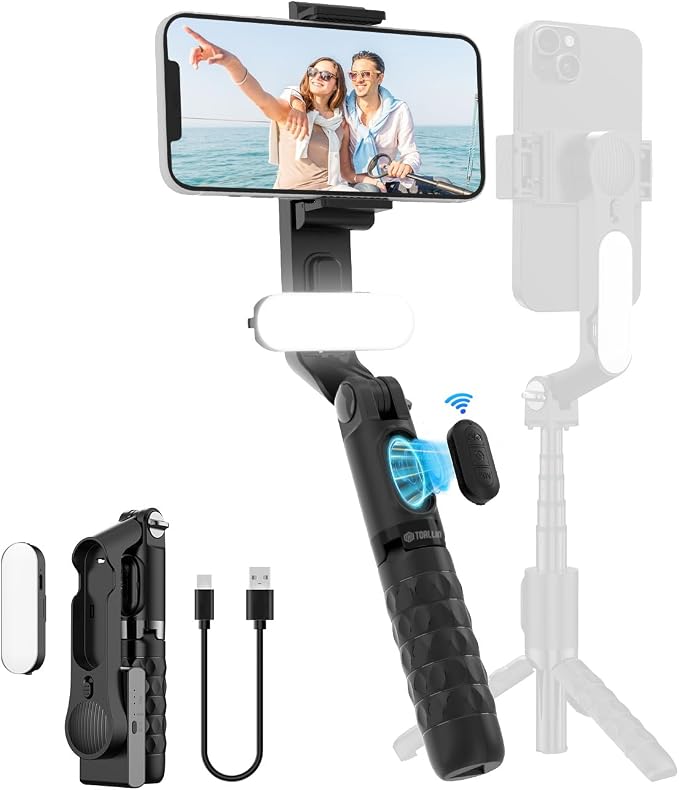 TOALLIN Selfie Stick with Light for Smartphone, Gimbal Stabilizer with Remote, Retractable and Foldable Phone Tripod for iPhone & Android, Video Recording, Streaming, Vlogging