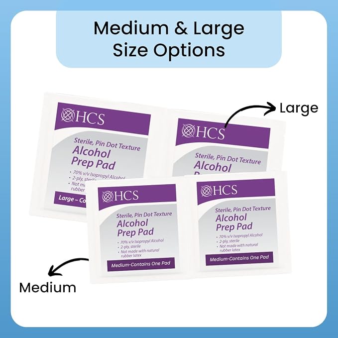 HCS Medium Alcohol Prep Pads - 70% Isopropyl Alcohol Wipes, Individually Wrapped - 2 ply, Textured, Sterile Skin Prep Swabs (200/Box)