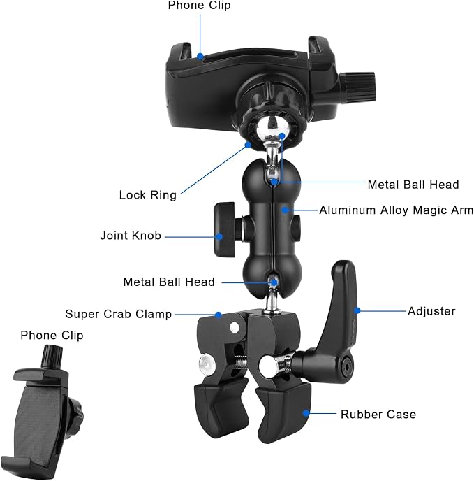 Phone Holder Clamp Mount for Treadmill/Spin Bike/Baby Stroller/Golf Cart/Music Stand/Microphone Stand/Handlebar,Compatible with 3.5~7.5" iPhone/Smartphone,360°Adjustable Aluminum Alloy Mount