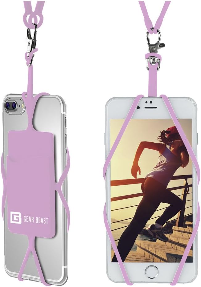 Gear Beast Cell Phone Lanyard - Universal Neck Phone Holder w/Card Pocket and Silicone Neck Strap - Compatible with Most Smartphones, Pink Lavender