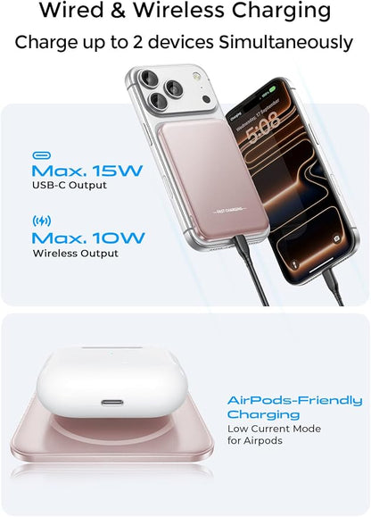 Aobbow Magnetic Portable Charger, 50% Smaller & Slimmer 5000mAh Power Bank with LED Display, 15W Fast Charging Battery Pack, Travel Essential MagSafe Compatible Charger for iPhone 17/16/15 - Rose Gold