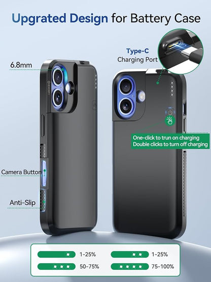 NEWDERY Upgraded Battery Case for iPhone 16, 5000mAh USB C Portable Power Bank, CarPlay, Sync-Data Supported, Rechargeable Charger Case Compatible with iPhone 16 6.1", Black