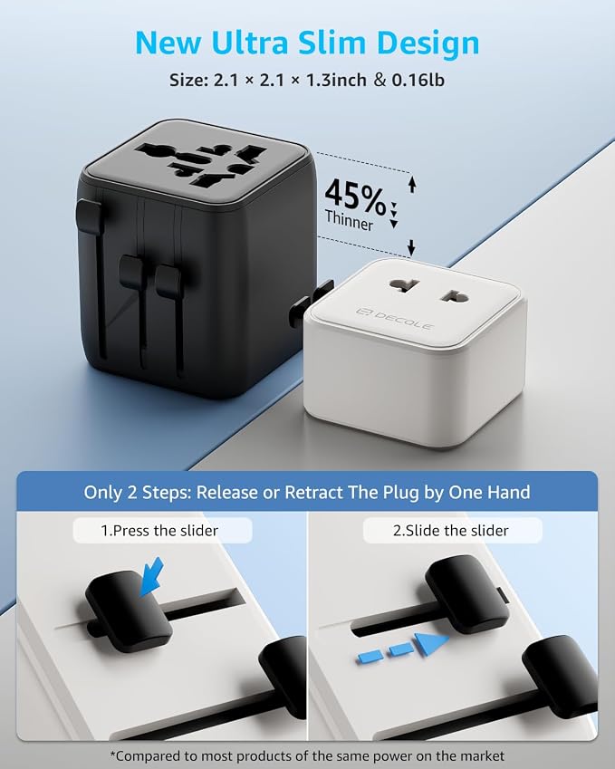 “Air” Universal Travel Adapter 2500W Max AC, Cover 200+ Countries | International Plug Adapter, All in One Portable Adapter, NOT A Voltage Converter, for USA, UK, EU, AU (White)