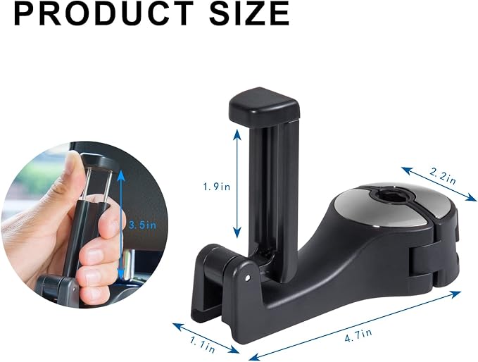 2 in 1 Car Seat Hook with Phone Holder, Universal 360° Swivel Headrest Hook, Handbag Holder Hanger Storage Box, Silent, Drop Resistant and Universal Fit