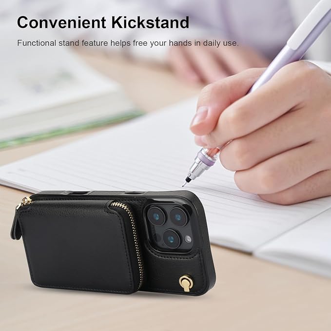 Bocasal Crossbody Wallet Case for iPhone 16 Pro Max, RFID Blocking Leather Purse Case with Card Holder, Protective Handbag Flip Cover with Zipper Wrist Strap Lanyard for Women 5G 6.9 Inch (Black) | RFID Blocking, Leather, Purse Case, Card Holder, Prote...