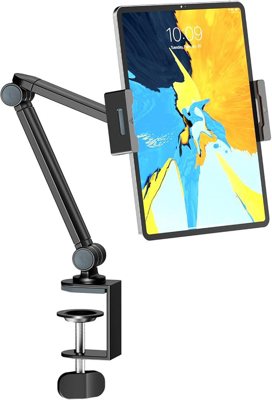 Tablet Stand Holder for Desk, Portable Phone Tablet Holder for ipad with 360° Rotation,Adjustable Arm Clamp Mount Compatible with 4.7"-12.9" iPad, iPhone, Kindle, Black